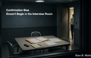 Empty interview room viewed through an observation window, with investigative files and notes spread across a table beneath the headline “Confirmation Bias Doesn’t Begin in the Interview Room.” A shadowed figure exits through an open doorway, symbolizing presumptive thinking, investigative bias, and the impact of training on interview reliability.