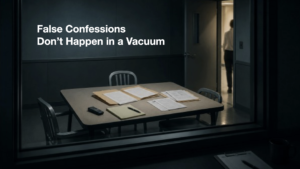 False confession interview room scene viewed through observation window. Empty interrogation table with investigative files and paperwork as a subject exits through an open doorway. Featured image for article on false confessions, interviewer assumptions, contamination, confirmation bias, and statement reliability in investigative interviewing.