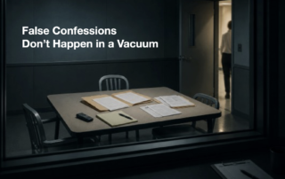False confession interview room scene viewed through observation window. Empty interrogation table with investigative files and paperwork as a subject exits through an open doorway. Featured image for article on false confessions, interviewer assumptions, contamination, confirmation bias, and statement reliability in investigative interviewing.