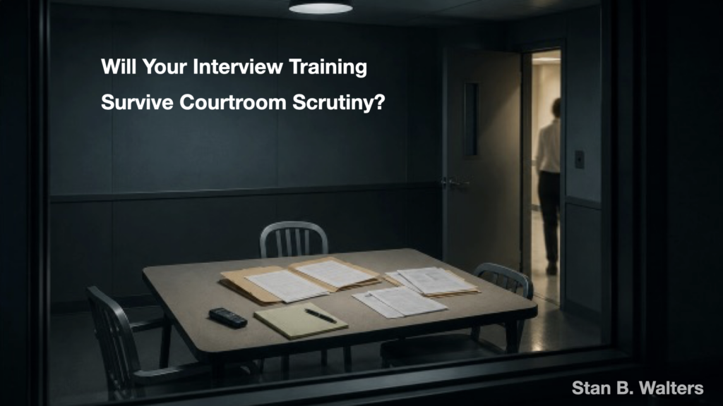 Empty investigative interview room representing courtroom scrutiny and interview reliability