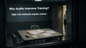 Interview room with text asking who audits interview training and stating that high-risk methods require review.