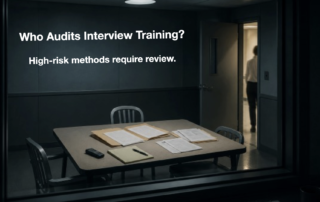Interview room with text asking who audits interview training and stating that high-risk methods require review.