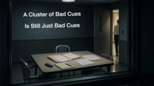 Dimly lit interview room with folders and papers on a table, an empty chair, and a person leaving through an open door. Text reads: “A Cluster of Bad Cues Is Still Just Bad Cues.”
