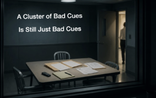 Dimly lit interview room with folders and papers on a table, an empty chair, and a person leaving through an open door. Text reads: “A Cluster of Bad Cues Is Still Just Bad Cues.”