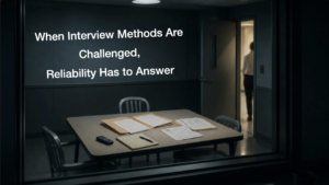 Interrogation room image with case files on a table and the title When Interview Methods Are Challenged, Reliability Has to Answer.