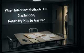 Interrogation room image with case files on a table and the title When Interview Methods Are Challenged, Reliability Has to Answer.