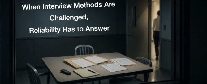 Interrogation room image with case files on a table and the title When Interview Methods Are Challenged, Reliability Has to Answer.
