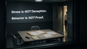 Interview room with the words “Stress is not deception. Behavior is not proof.” displayed on the wall, emphasizing the danger of treating behavior as evidence of lying.