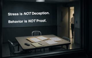 Interview room with the words “Stress is not deception. Behavior is not proof.” displayed on the wall, emphasizing the danger of treating behavior as evidence of lying.
