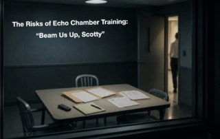 Dimly lit interview room viewed through one-way glass, with case files and a recorder on the table.