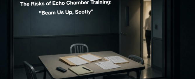 Dimly lit interview room viewed through one-way glass, with case files and a recorder on the table.