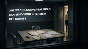 Dark interview room with case files on a table and text reading, “One wrong nonverbal read can send your interview off course.”