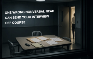 Dark interview room with case files on a table and text reading, “One wrong nonverbal read can send your interview off course.”