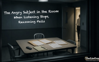 Angry subject in an interview room illustrating how anger can stop listening, reasoning, and productive investigative communication.