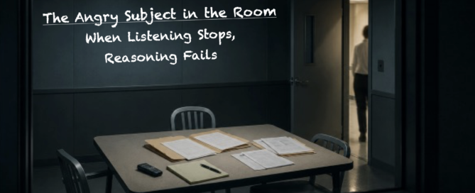 Angry subject in an interview room illustrating how anger can stop listening, reasoning, and productive investigative communication.