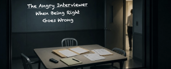 Angry interviewer in an interview room illustrating how the need to be right can interfere with listening, reasoning, and effective information gathering.