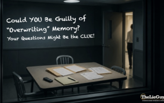 Empty police interview room with case files and recorder on the table, featuring the message, “Could YOU Be Guilty of ‘Overwriting’ Memory? Your Questions Might Be the CLUE!”