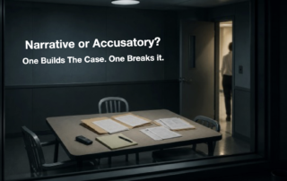 Empty interview room viewed through observation glass, with case files spread across a table and a person walking through an open doorway. Text reads: “Narrative or Accusatory? One Makes the Case. One Breaks It.”