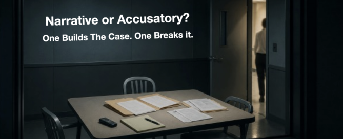 Empty interview room viewed through observation glass, with case files spread across a table and a person walking through an open doorway. Text reads: “Narrative or Accusatory? One Makes the Case. One Breaks It.”