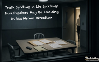 Dimly lit interview room with table, chairs, and case files, viewed through observation glass as a person exits through the open door.