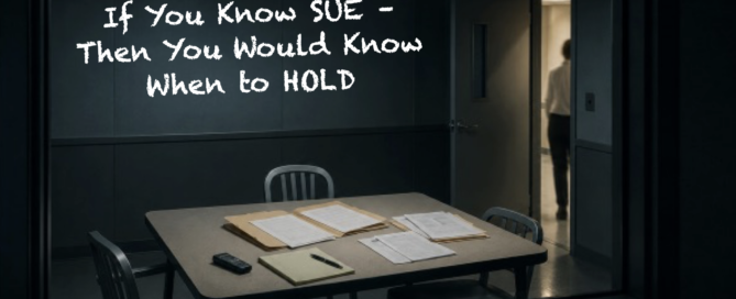 Strategic Use of Evidence in an investigative interview room with the message, “If You Know SUE — Then You Would Know When to HOLD.”