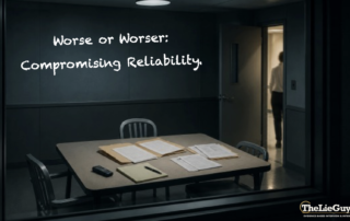 Empty interview room viewed through an observation window, with papers and a recorder on the table. Text reads “Worse or Worser: Compromising Reliability.” The Lie Guy logo appears at bottom right. Topic: Minimization in investigative interviewing