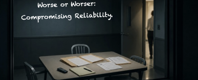 Empty interview room viewed through an observation window, with papers and a recorder on the table. Text reads “Worse or Worser: Compromising Reliability.” The Lie Guy logo appears at bottom right. Topic: Minimization in investigative interviewing