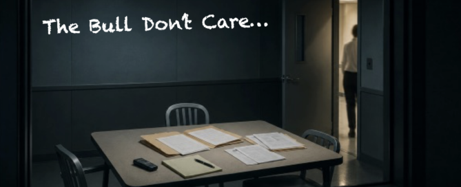 Dimly lit interview room with a table, chairs, and case files, viewed through an observation window. Text reads “The Bull Don’t Care...” with The Lie Guy logo at bottom right.