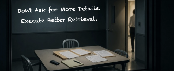 Interview room image with the words “Don’t Ask for More Details. Execute Better Retrieval.”